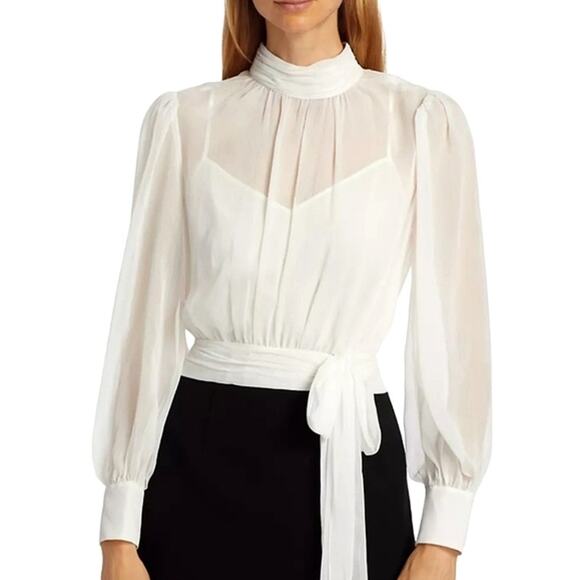 $495 Cinq à Sept Holiday Elena White Black Sheer Blouson Mini Dress Sz 2 NEW - Picture 2 of 15